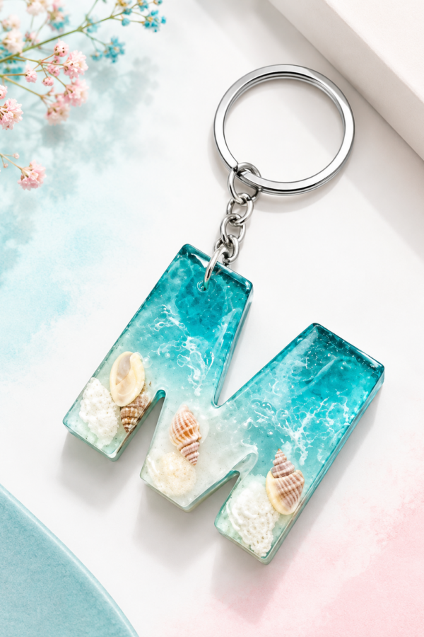Ocean Wave Resin Initial Keychain
