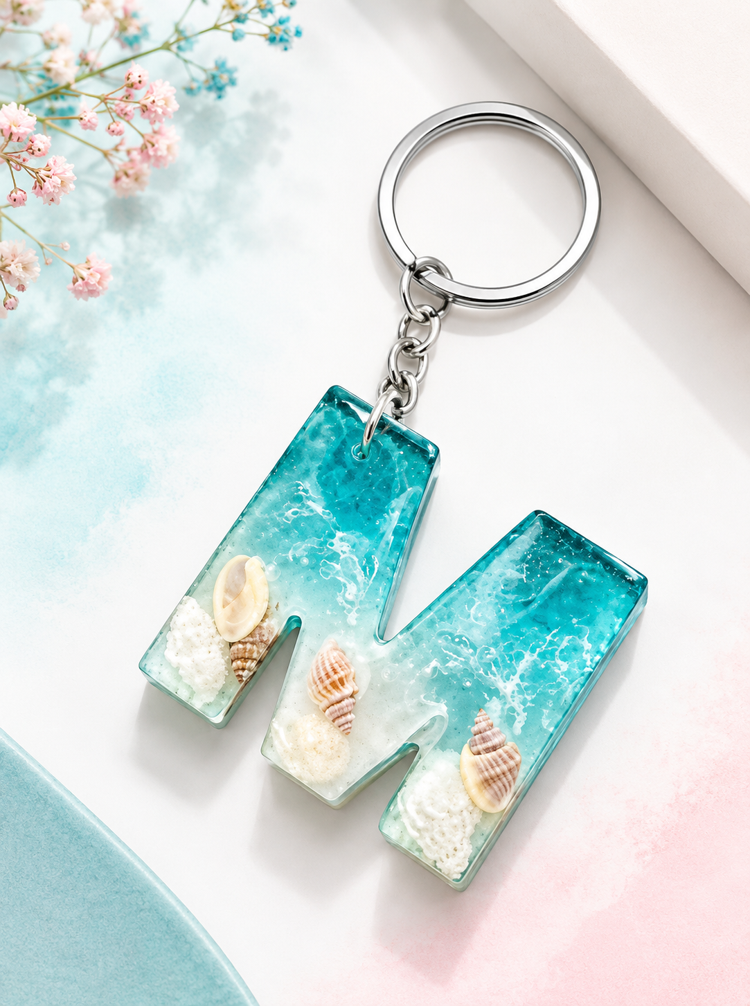 Ocean Wave Resin Initial Keychain